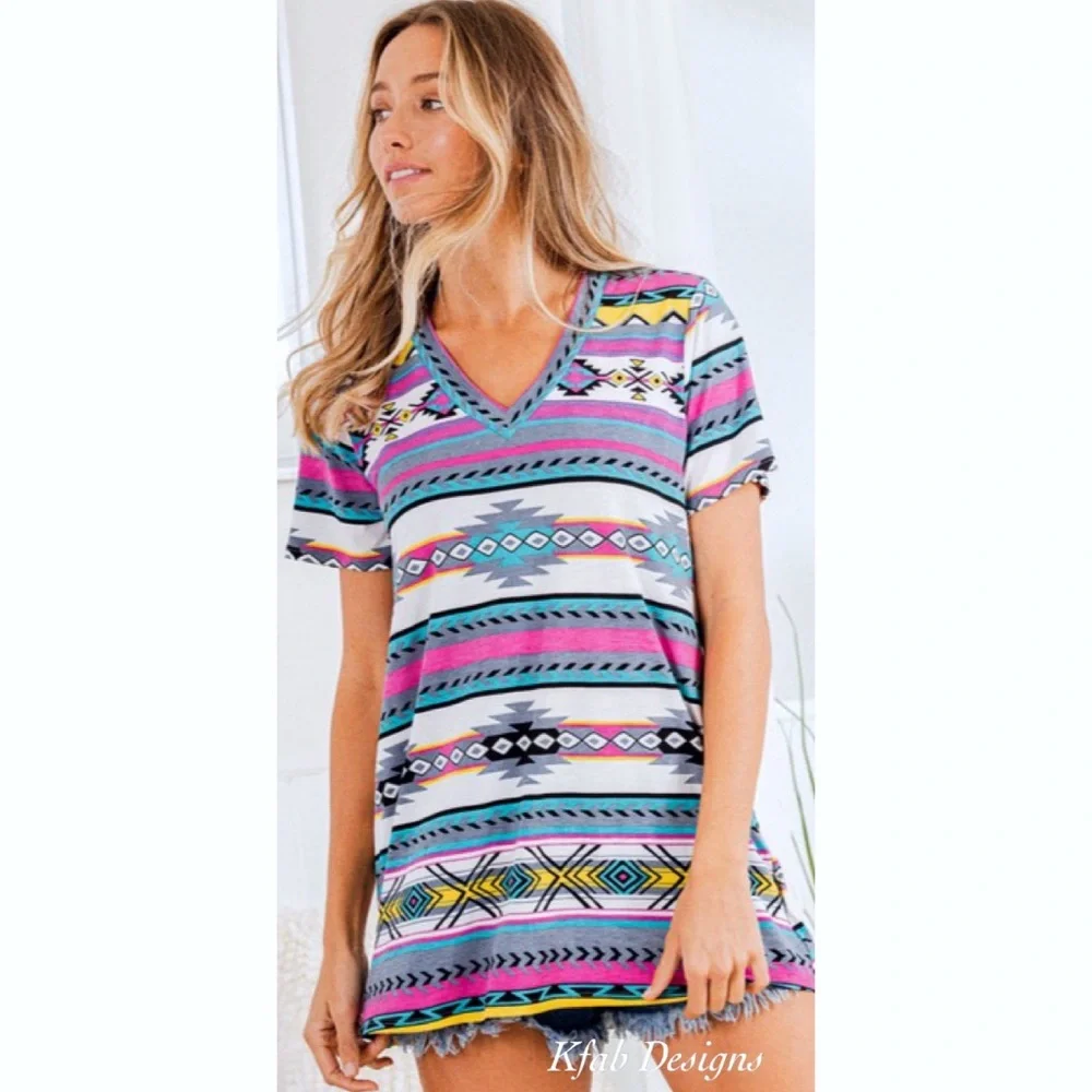 LAST 2! V Neck Aztec Print Blue Multi Top! - Picture 9 of 15